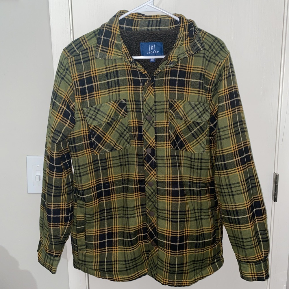 Mensn George‎ Sherpa Lines Green Yellow Plaid Flannel Small Snap